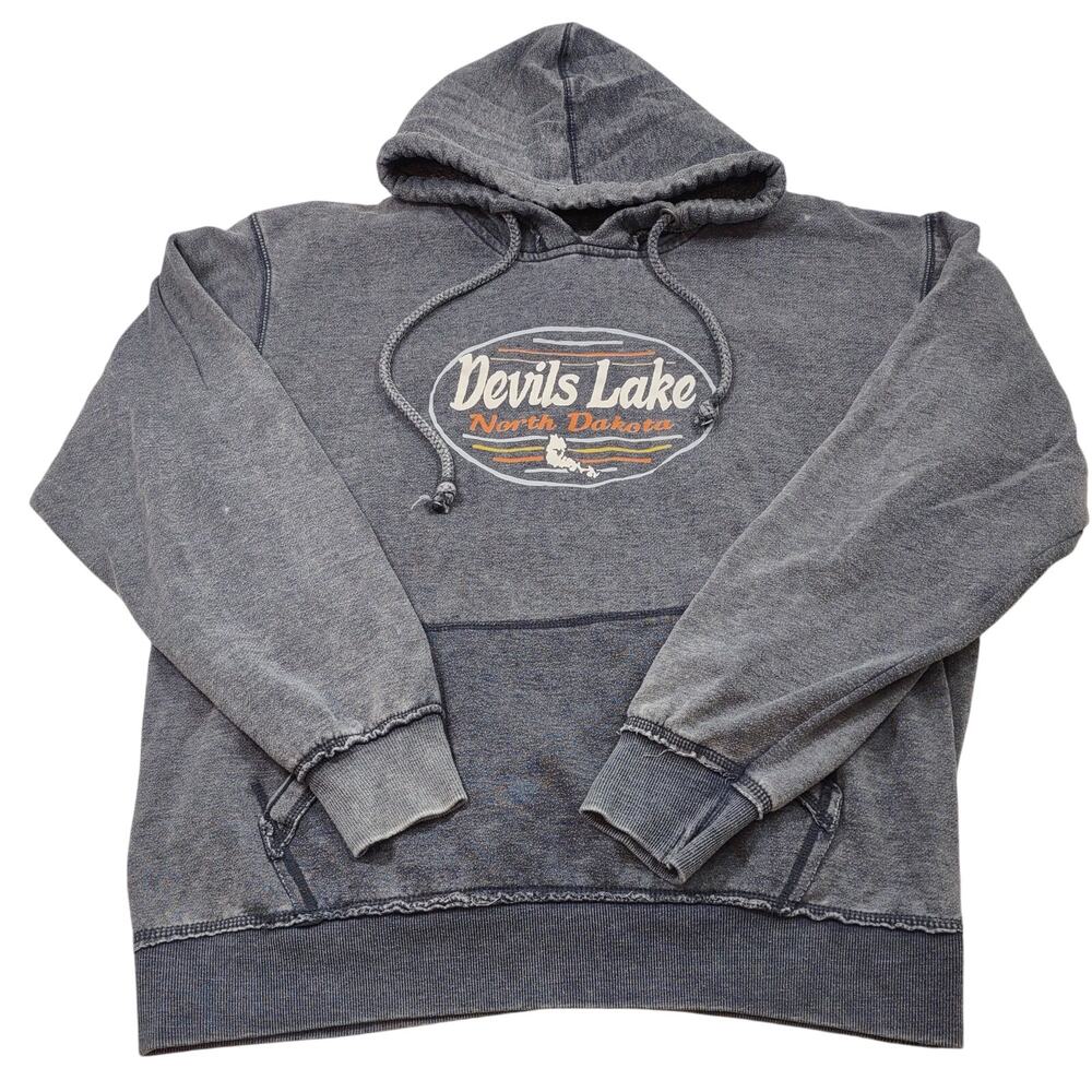 Blue 34 Devils Lake, North Dakota Distressed Hoodie, Size XL